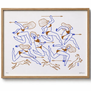 Affiche chasseresses d'Olivier Junière - Sérigraphie bleu klein et cuivre - éditée par l'Atelier Fwells