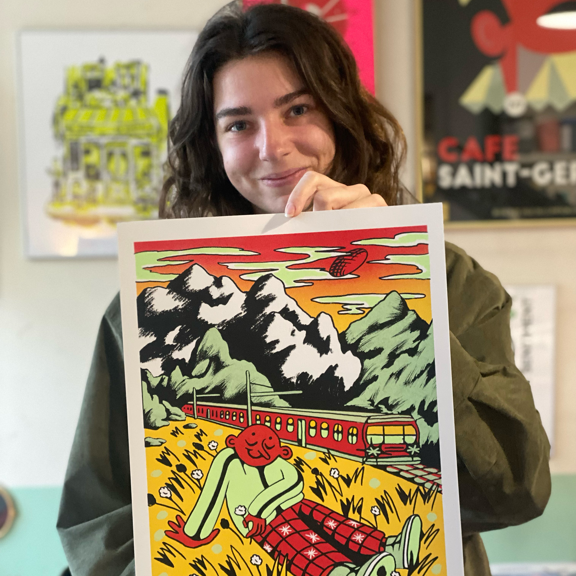 2024-Fanny-illu-a-la-cool-carree-Atelier-Fwells-Serigraphie fanny illu à la cool - Dernier jour à la montagne - sérigraphie 4 couleurs - Imprimé à l'Atelier Fwells (Paris 13e)