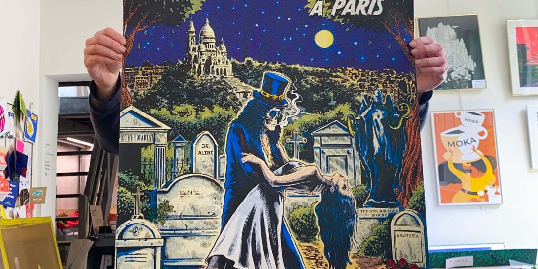 Impression en quadrichromie (quadri) de l'affiche Slash à Paris - Atelier Fwells Sérigraphie - Paris 13. Illustration de Valentina Testa - pour Matts Rock Gallery