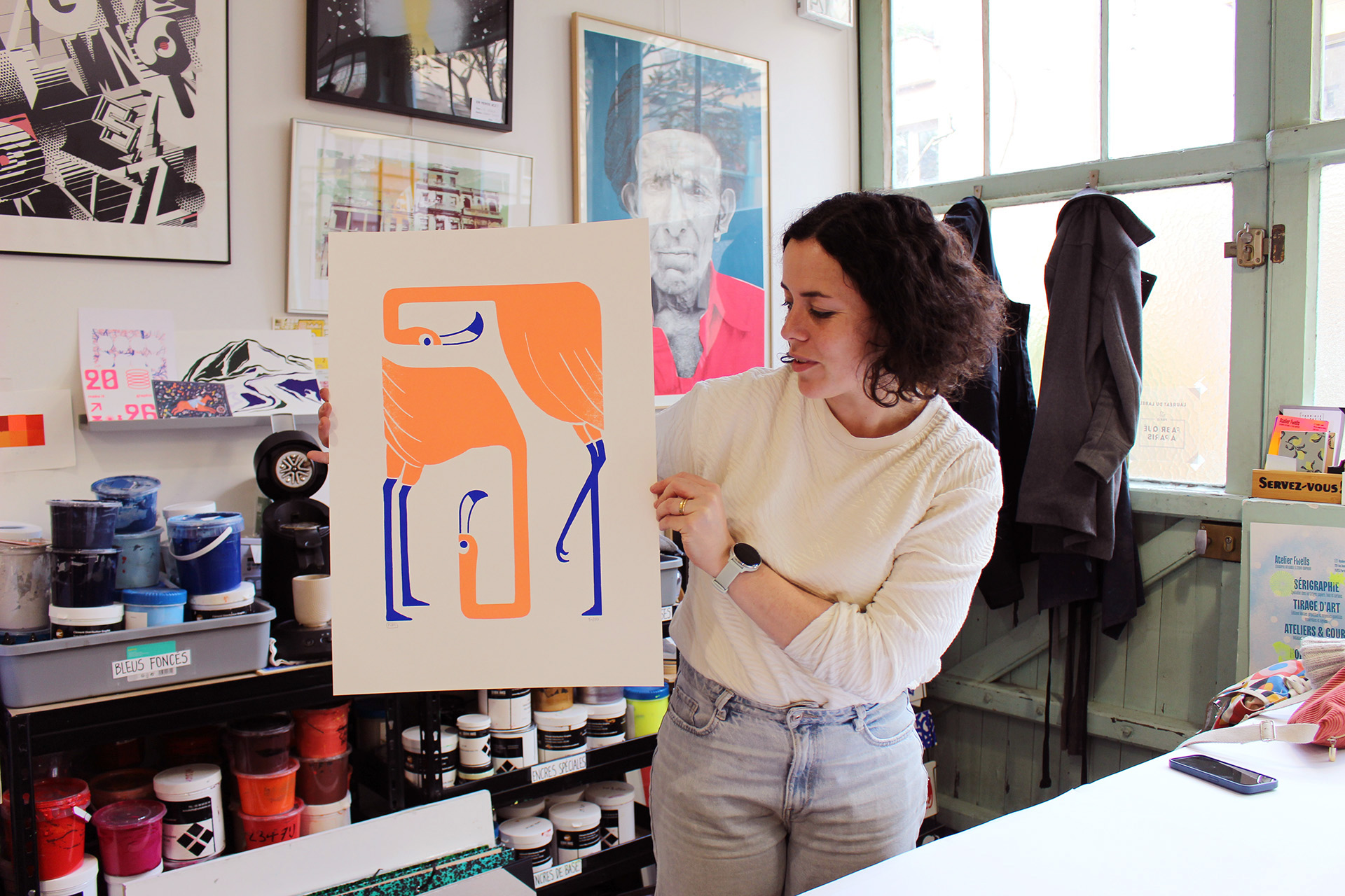 Affiche Flamants roses de Marine Des Mazery - Sérigraphie 2 couleurs à l'Atelier Fwells