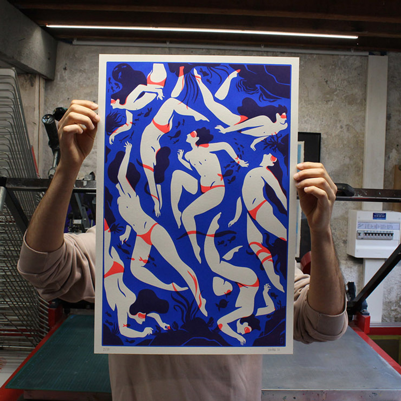 Plongée, une illustration d'Olivier Junière - Impression en deux couleurs à l'Atelier Fwells - technique : Sérigraphie