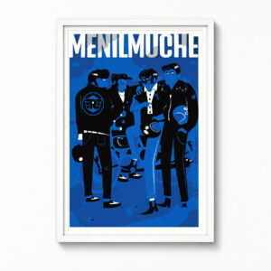 Affiche sérigraphiée Le Ménilmuche représentant quatre rockers en blousons noirs, illustration de Romain Fwells